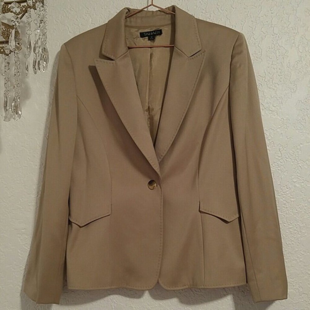 Tahari Wool Top Stitched Single Button Closure Lined Blazer SZ 14